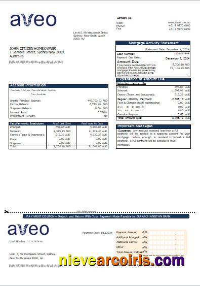 Australia Aveo bank mortgage statement